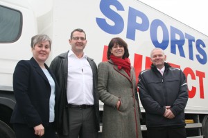 Pictured from L to R: Allison Kemp from AIM Commercial Services Ltd; Ian Baldwin, Global Warehouse Manager for Sports Direct, Roads Minister Claire Perry, and Jamie Potter from Sports Direct.